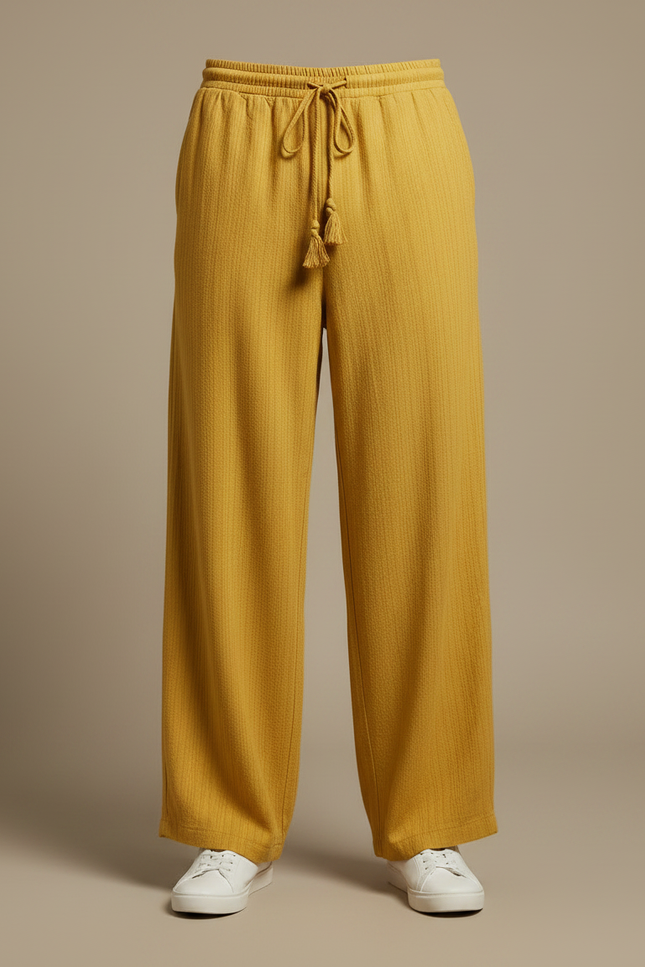 Pantalon Fluide Jaune Ample Texturé Cordon Décontracté - Cordé - vue 3