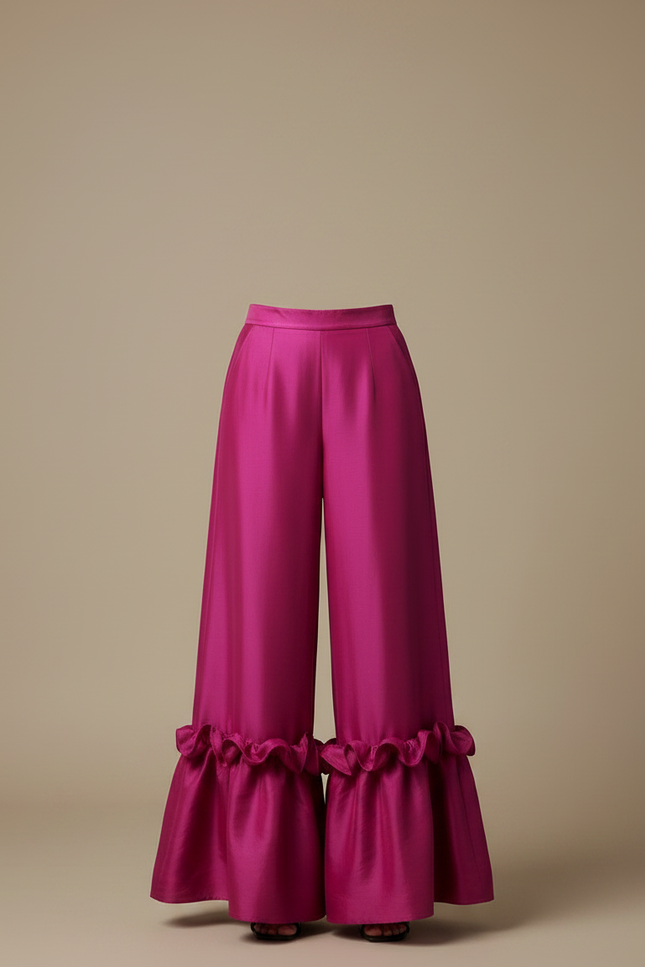 Pantalon Fluide Fuchsia Brillant Plissé Volants Élégant - Rose Satin - vue 3