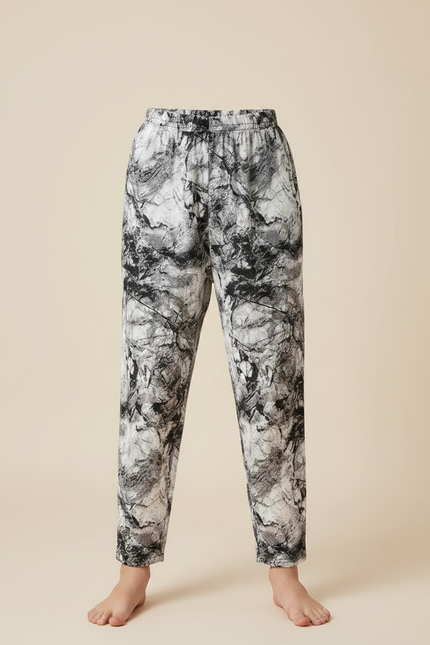 Pantalon Fluide Noir Blanc Imprimé Marbré Ample - Viscose - vue 3