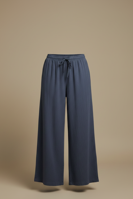 Pantalon Fluide Bleu Coton Ample Décontracté Cordon - vue 3