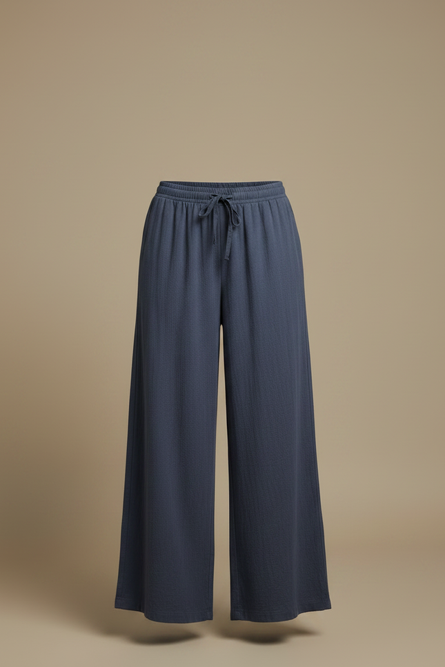Pantalon Fluide Bleu Coton Ample Décontracté Cordon - vue 3