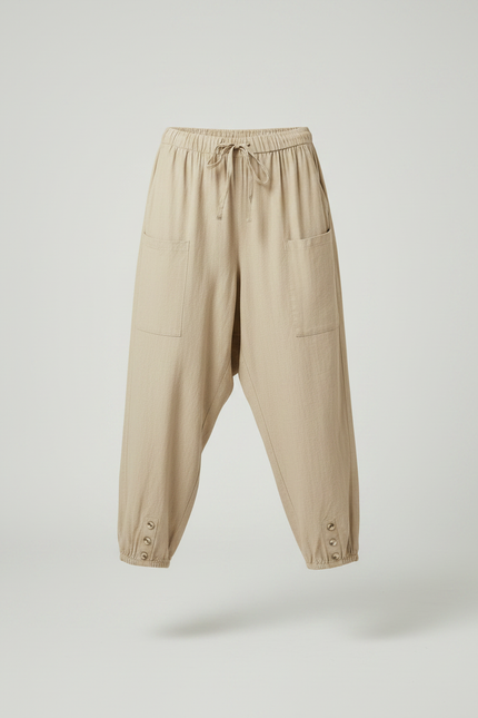 Pantalon Fluide Beige Coton Lin Ample Boutonné - vue 3