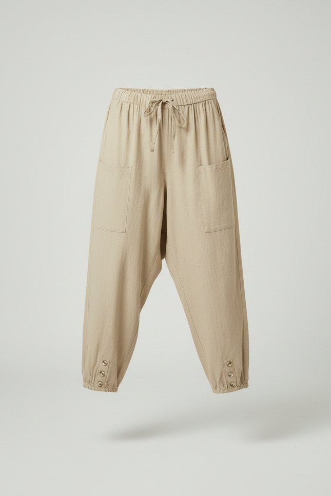 Pantalon Fluide Beige Coton Lin Ample Boutonné - vue 3