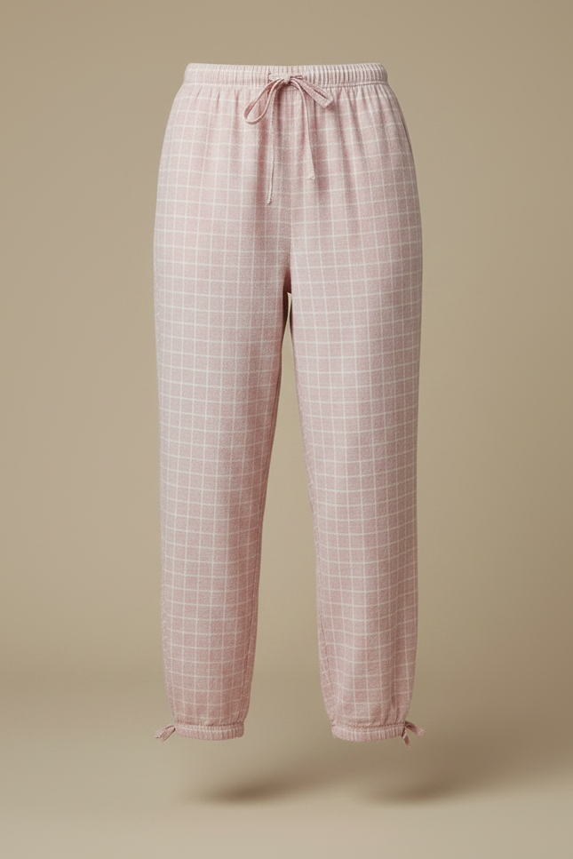 Pantalon Fluide Rose Quadrillé Coton Ample Décontracté Femme - Molleton - vue 3