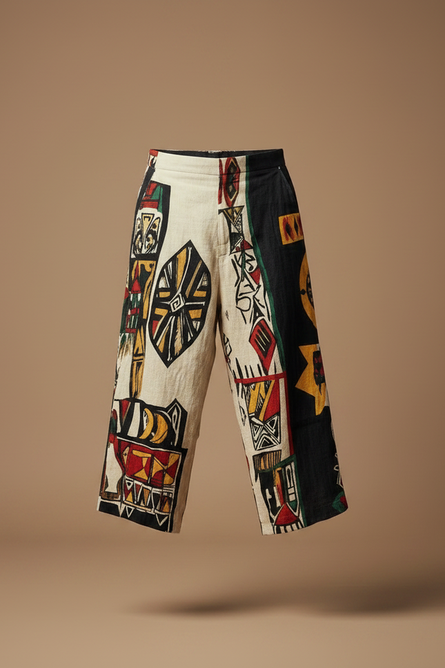 Pantalon Fluide Ethnique Ample Motif Tribal Coloré Homme - Multicolore Lin - vue 3
