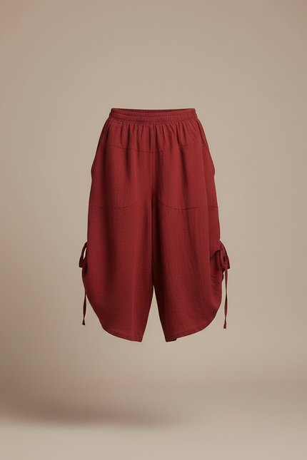 Pantalon Fluide Rouge Ample Coton Taille Haute - Bordeaux Lin - vue 3