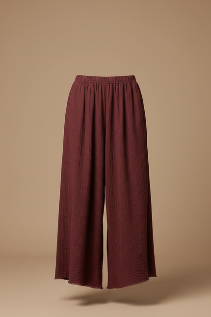 Pantalon Fluide Ample Marron Plissé Décontracté Coton - Bordeaux - vue 3