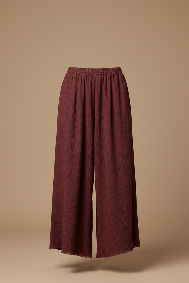 Pantalon Fluide Ample Marron Plissé Décontracté Coton - Bordeaux - vue 3