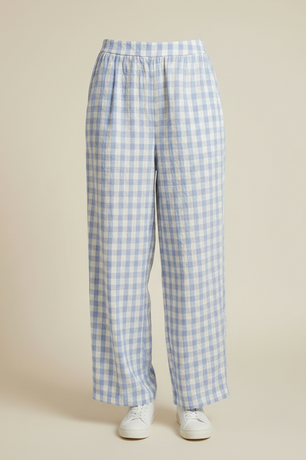 Pantalon Fluide Carreaux Vichy Bleu Ciel Ample Décontracté - Lin - vue 3