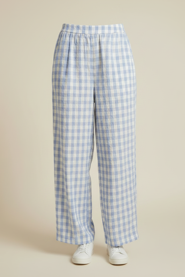Pantalon Fluide Carreaux Vichy Bleu Ciel Ample Décontracté - Lin - vue 3