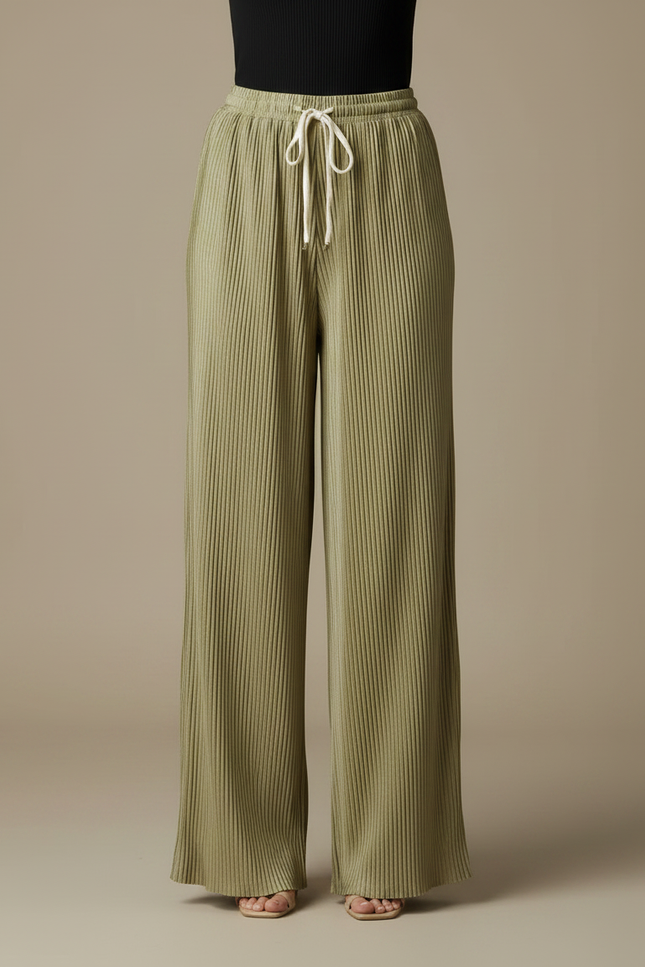 Pantalon Fluide Plissé Vert Ample Décontracté Cordon - Kaki Polyester - vue 3