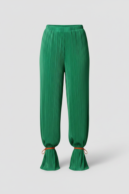 Pantalon Fluide Vert Plissé Ample Chevilles Serrées - Polyester - vue 3