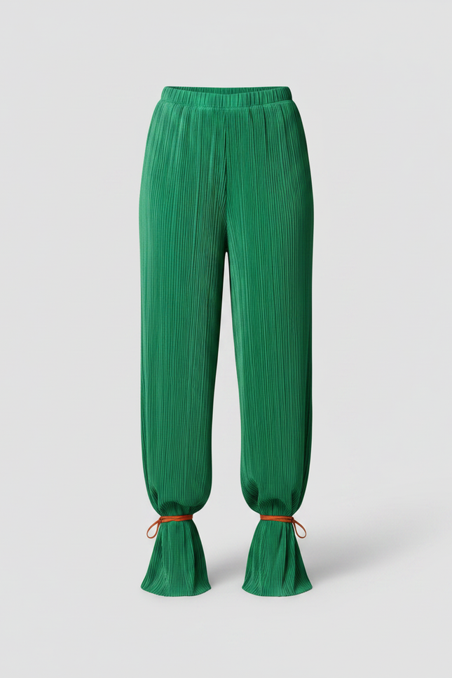 Pantalon Fluide Vert Plissé Ample Chevilles Serrées - Polyester - vue 3