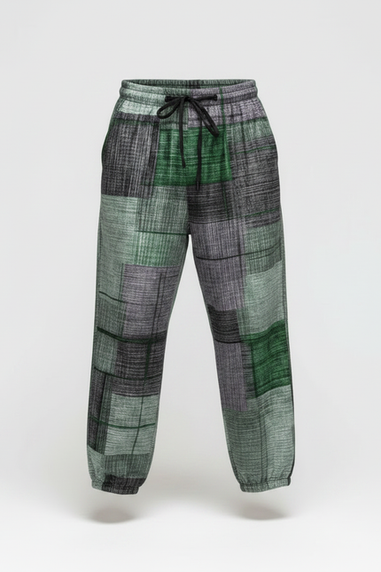 Pantalon Fluide Patchwork Vert Gris Ample Décontracté - Multicolore Lin - vue 3