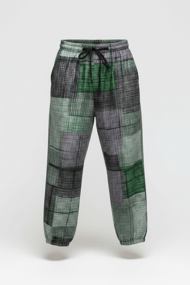 Pantalon Fluide Patchwork Vert Gris Ample Décontracté - Multicolore Lin - vue 3