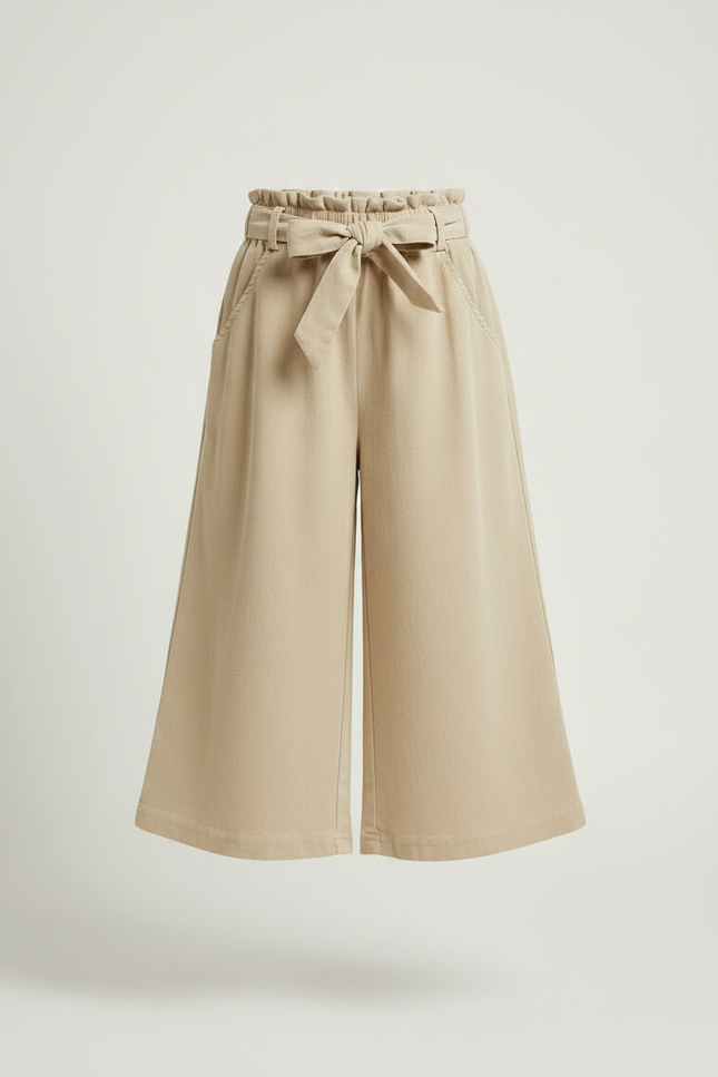 Pantalon Fluide Beige Coton Ample Ceinturé Fille - Toile - vue 3