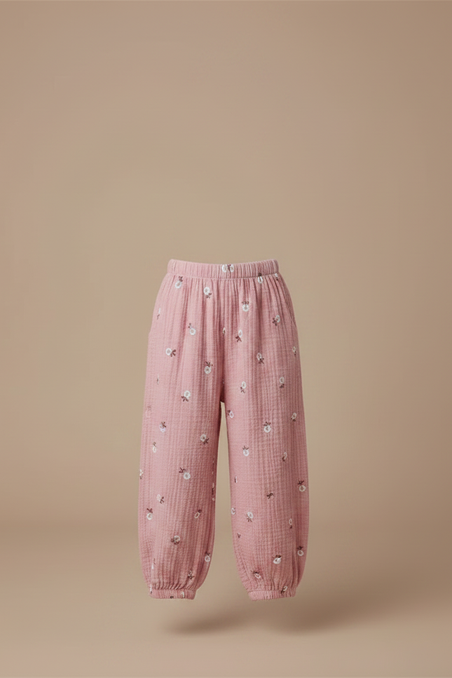 Pantalon Fluide Rose Mousseline Ample Brodé Enfants - Coton - vue 3