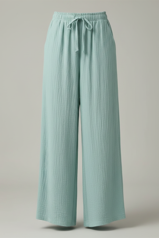 Pantalon Fluide Vert Ample Coton Texturé Décontracté - vue 3