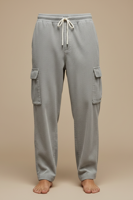 Pantalon Fluide Gris Côtelé Cargo Ample Décontracté - Cordé - vue 3