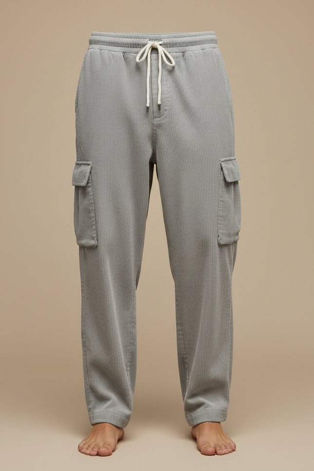 Pantalon Fluide Gris Côtelé Cargo Ample Décontracté - Cordé - vue 3