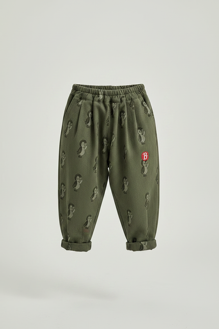 Pantalon Fluide Vert Motif Pingouin Ample Coton Enfant - Kaki - vue 3