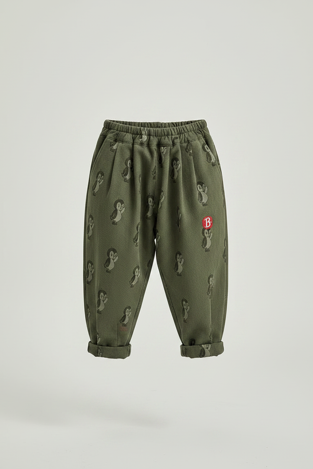 Pantalon Fluide Vert Motif Pingouin Ample Coton Enfant - Kaki - vue 3