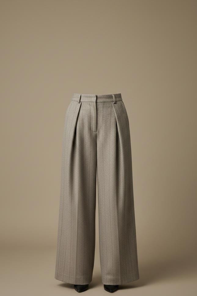 Pantalon Fluide Gris Laine Chevron Plissé Large - vue 3