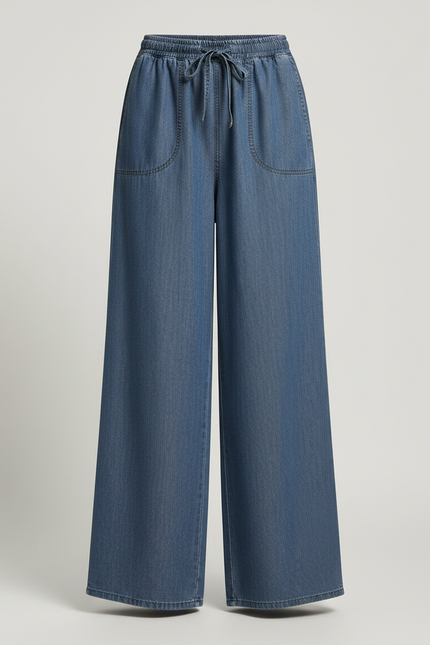 Pantalon Fluide Denim Ample Taille Haute Femme - Bleu Jean - vue 3