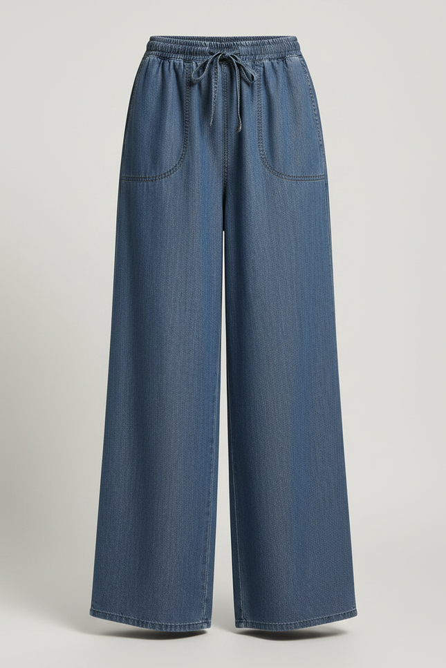 Pantalon Fluide Denim Ample Taille Haute Femme - Bleu Jean - vue 3