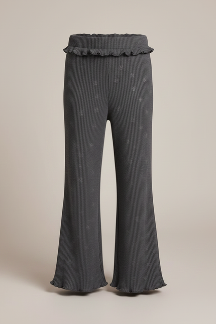Pantalon Fluide Côtelé Gris Imprimé Évasé Fille - Maille - vue 3