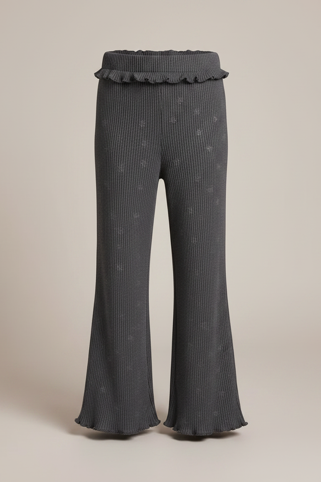 Pantalon Fluide Côtelé Gris Imprimé Évasé Fille - Maille - vue 3