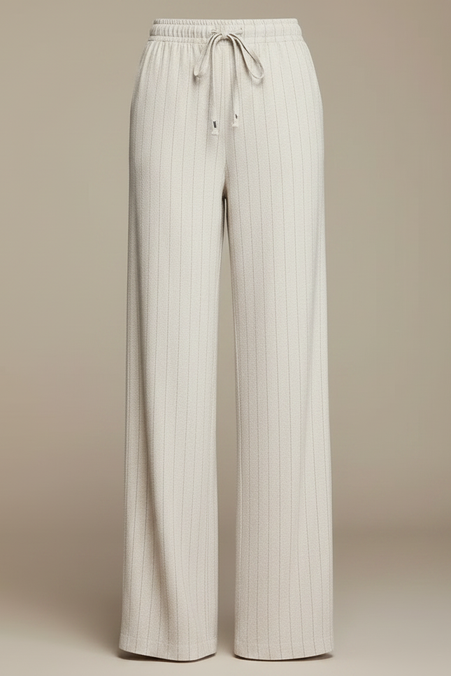 Pantalon Fluide Beige Rayé Ample Lin Décontracté - vue 3