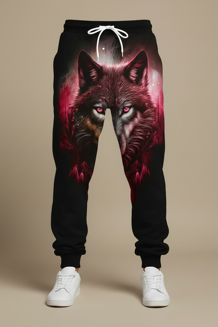Pantalon Fluide Noir Ample Imprimé Loup Rouge Cordon Homme - Molleton - vue 3