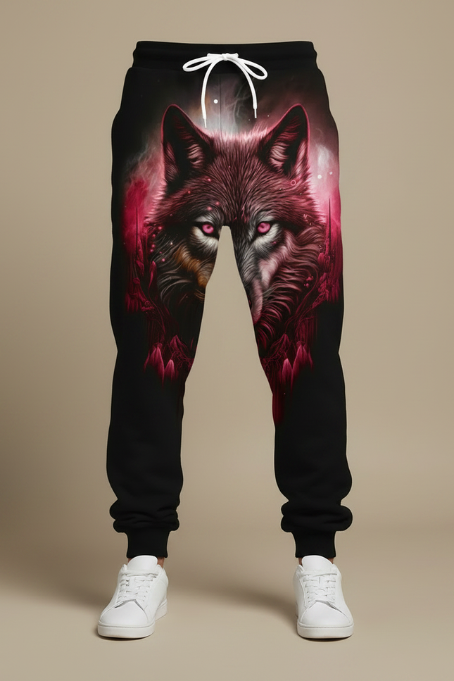 Pantalon Fluide Noir Ample Imprimé Loup Rouge Cordon Homme - Molleton - vue 3