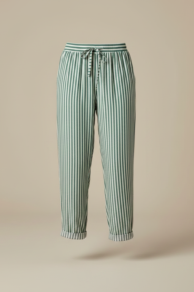 Pantalon Fluide Rayé Vert Blanc Ample Coton - vue 3