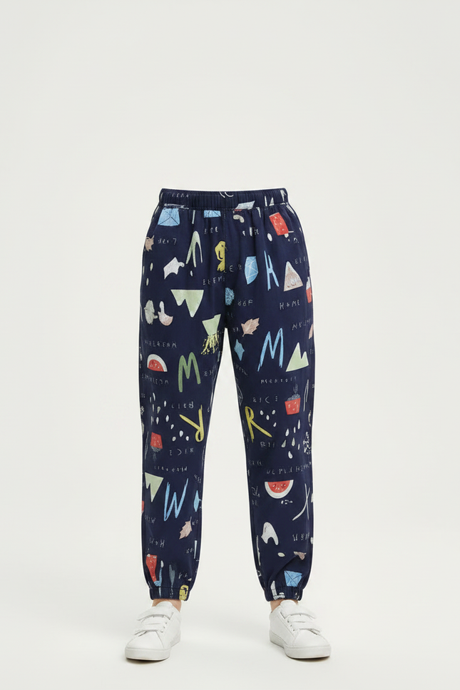 Pantalon Fluide Bleu Marine Imprimé Ludique Coton Garçon - vue 3