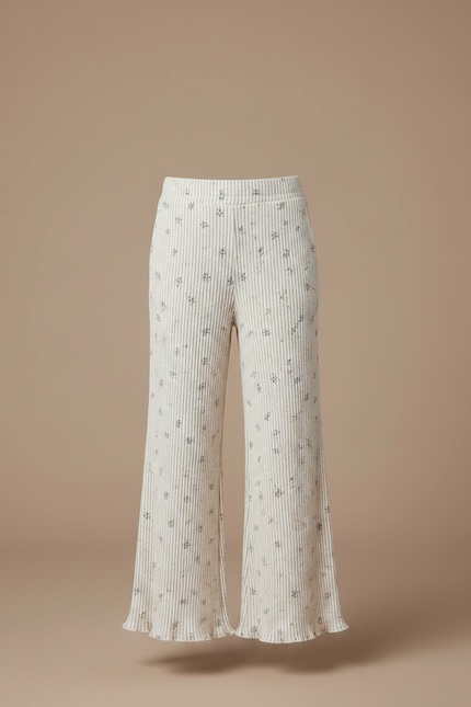 Pantalon Fluide Écru Côtelé Imprimé Floral Ample Enfant - Beige Maille - vue 3