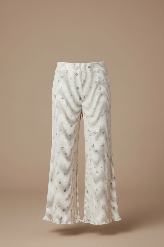 Pantalon Fluide Écru Côtelé Imprimé Floral Ample Enfant - Beige Maille - vue 3