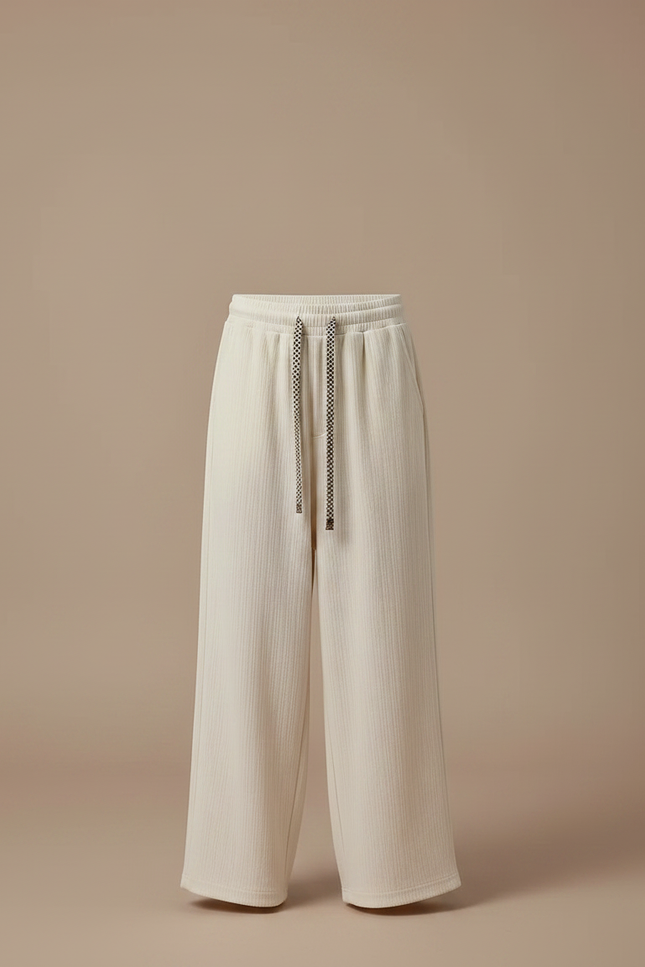 Pantalon Fluide Crème Ample Texturé Cordon Décontracté - Beige Viscose - vue 3