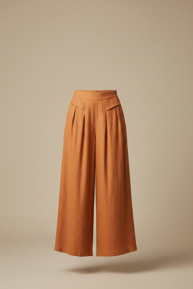 Pantalon Fluide Orange Lin Ample Taille Haute Élégant - vue 3