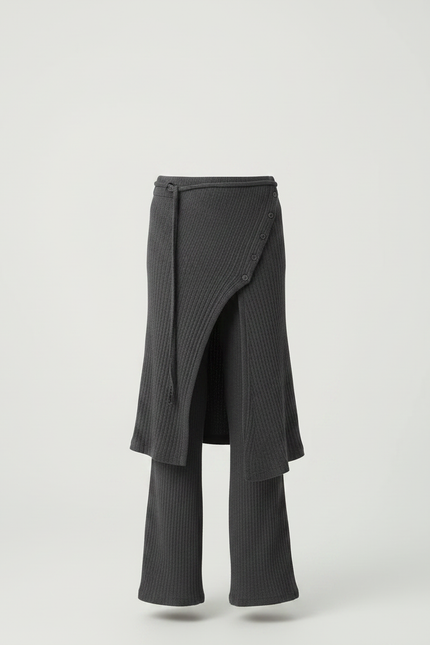 Pantalon Fluide Gris Côtelé Asymétrique Boutons Décontracté - Maille - vue 3