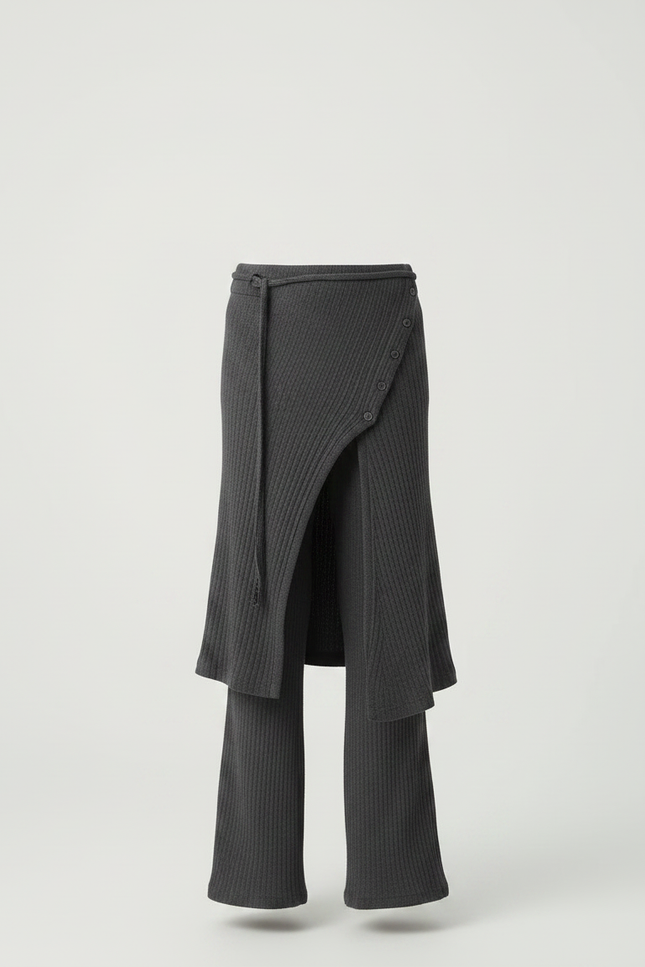 Pantalon Fluide Gris Côtelé Asymétrique Boutons Décontracté - Maille - vue 3