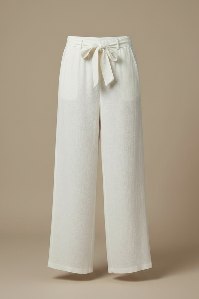 Pantalon Fluide Écru Ample Lin Ceinture Nouée - Blanc - vue 3