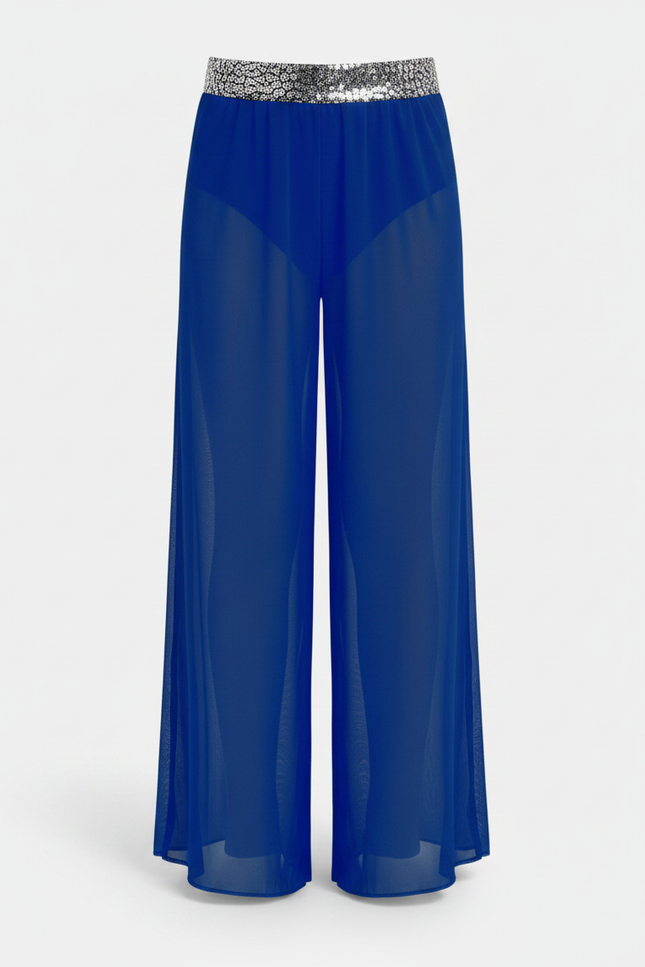 Pantalon Fluide Bleu Transparent Paillettes Large Élégant - Polyester - vue 2