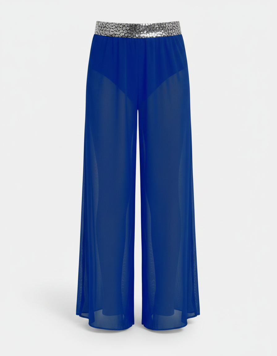 Pantalon Fluide Bleu Transparent Paillettes Large Élégant - Polyester - vue 2