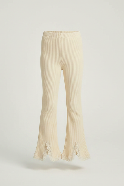 Pantalon Fluide Côtelé Écru Évasé Dentelle Fille - Beige Maille - vue 3
