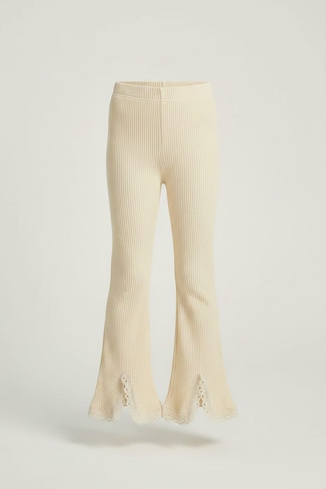 Pantalon Fluide Côtelé Écru Évasé Dentelle Fille - Beige Maille - vue 3