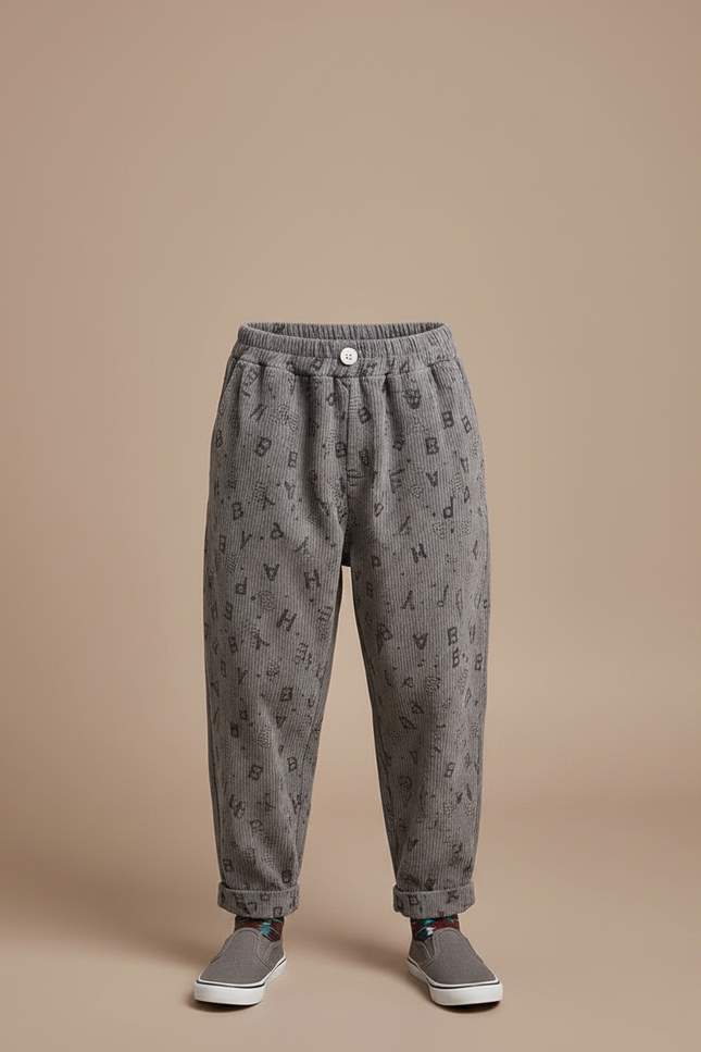 Pantalon Fluide Gris Côtelé Imprimé Lettres Ample - Cordé - vue 3