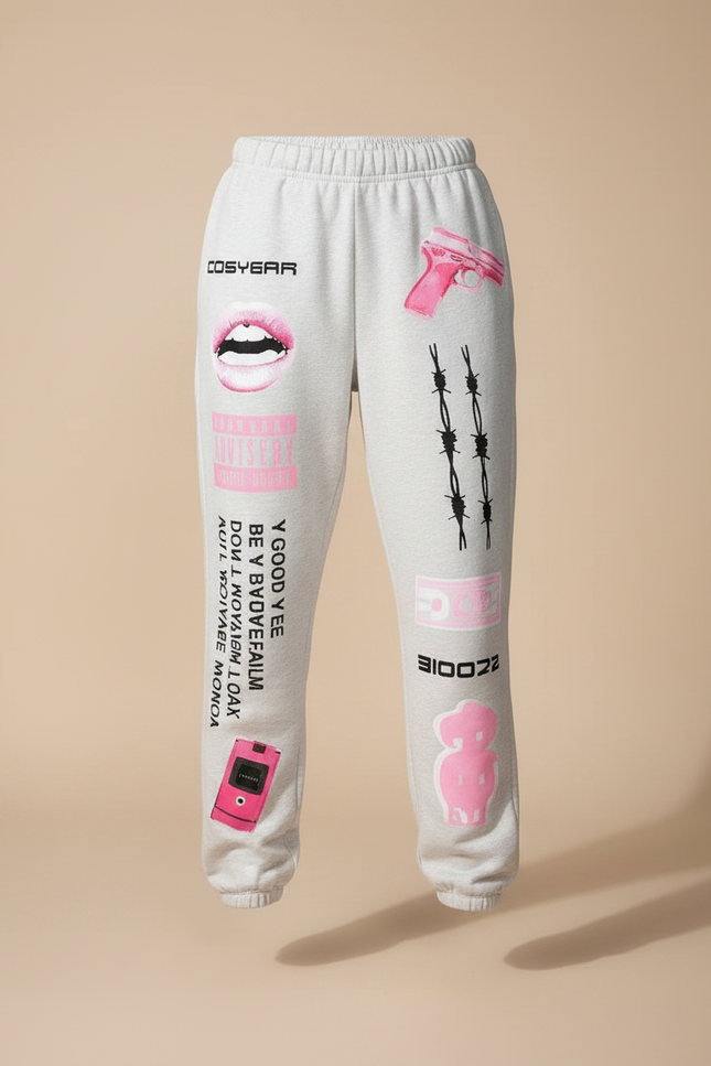 Pantalon Fluide Gris Ample Imprimé Rose Décontracté - Molleton - vue 3