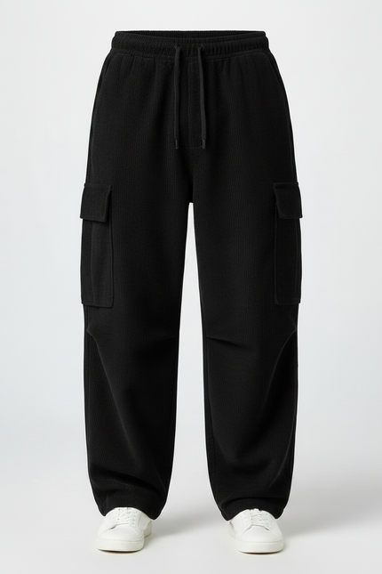 Pantalon Fluide Noir Ample Cargo Côtelé Homme - Cordé - vue 3